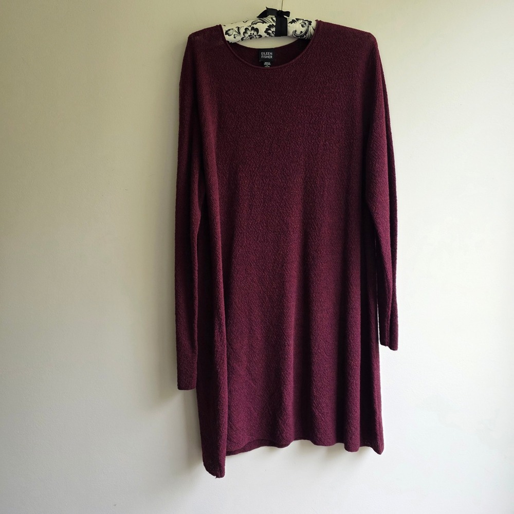 Eileen Fisher Wool Sweater Dress Burgundy Long Sleeve Large Minimalist Capsule‎